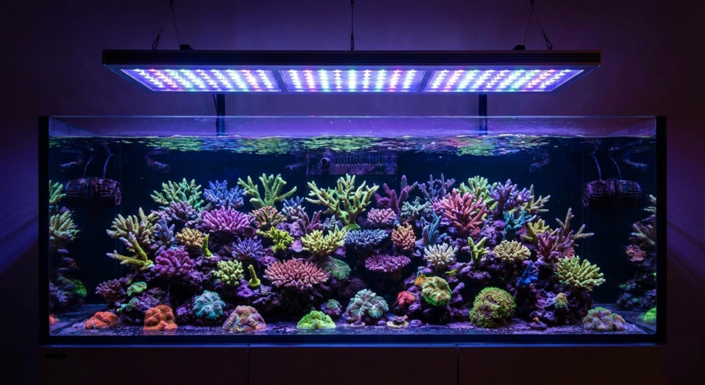 Colorful Acropora SPS corals under LED aquarium lighting