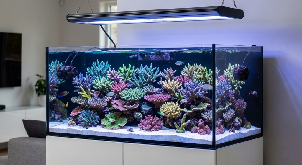 Colorful Acropora SPS corals under blue LED aquarium lighting