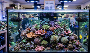 A vibrant reef aquarium in a UK coral shop featuring various SPS and LPS corals, clownfish, and tangs, with a price list and hobbyists blurred in the background.