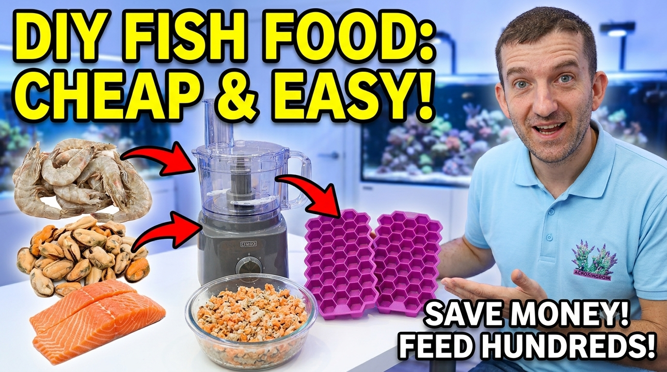 Thumbnail for a YouTube video showing homemade DIY marine fish food. Fresh prawns, mussels and salmon point towards a food processor and finished fish food, with Ross from ACROKINGDOM standing beside reef aquariums. Large text reads "DIY Fish Food: Cheap & Easy!" and "Save Money! Feed Hundreds!"